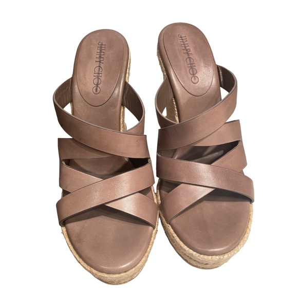JIMMY CHOO | Brown Strappy Cork Leather & Raffia Wedge Sandals NIB Spain Sz 7.5 - Picture 4 of 15